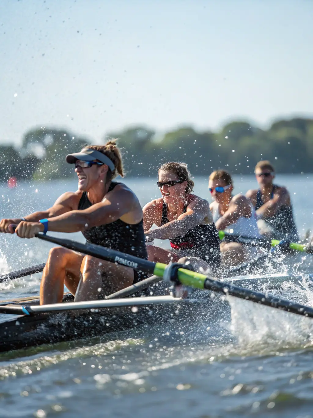 A dynamic image of a rowing team in action on a sunny day, showcasing teamwork and physical exertion.