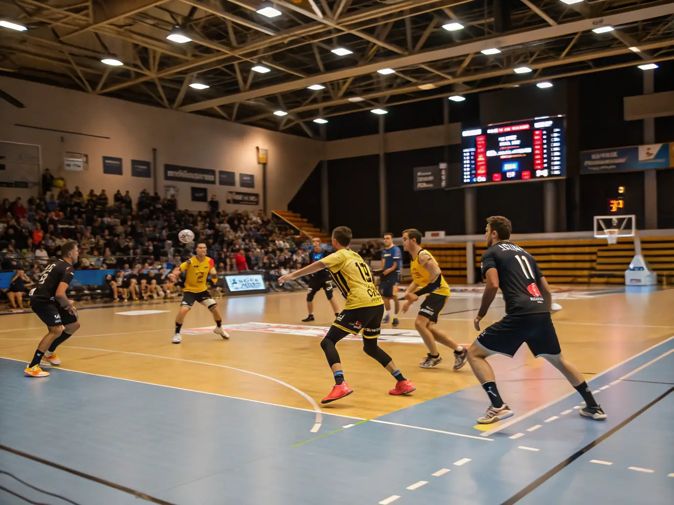 A dynamic image of participants engaged in a handball match at ETOILE AUXONNAISE, highlighting the fast-paced nature of the sport.