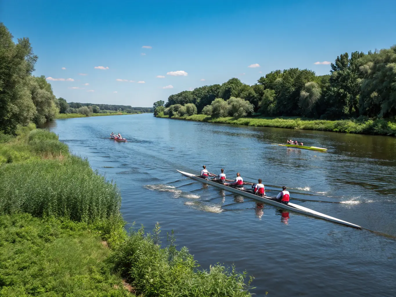 An action shot of members of ETOILE AUXONNAISE rowing on the river, emphasizing teamwork and physical fitness.