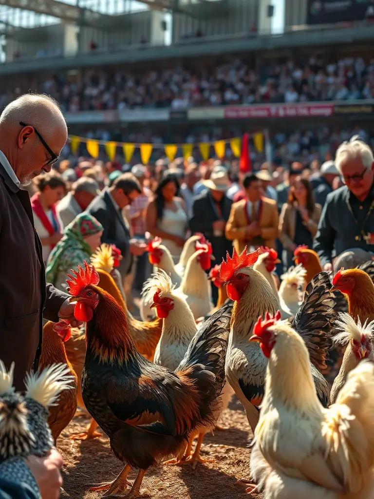 A vibrant photograph capturing the excitement of a poultry competition at an AVAC event, showcasing various breeds and enthusiastic participants.