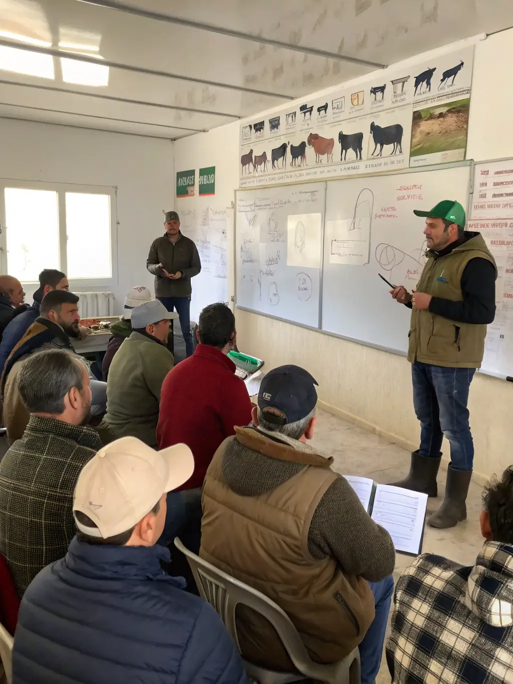 A photograph of an AVAC educational demonstration, showing experts teaching best practices in poultry care and breeding to an attentive audience.
