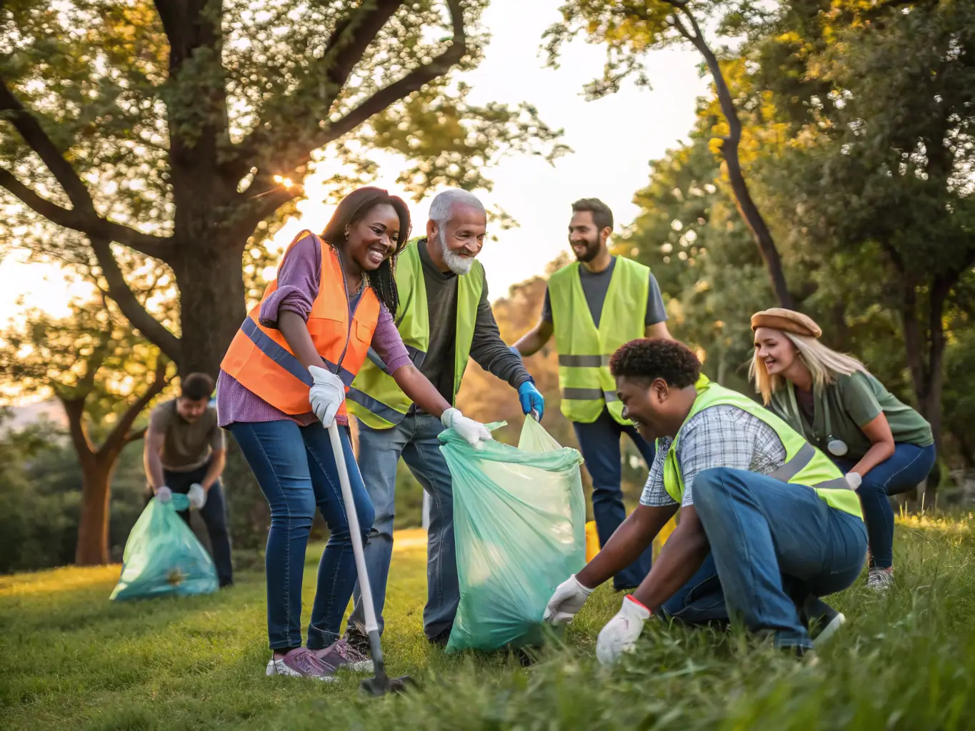 A photograph of volunteers participating in a community cleanup event around the Saint-Hilaire Church, showcasing their dedication to preserving the site's surroundings.