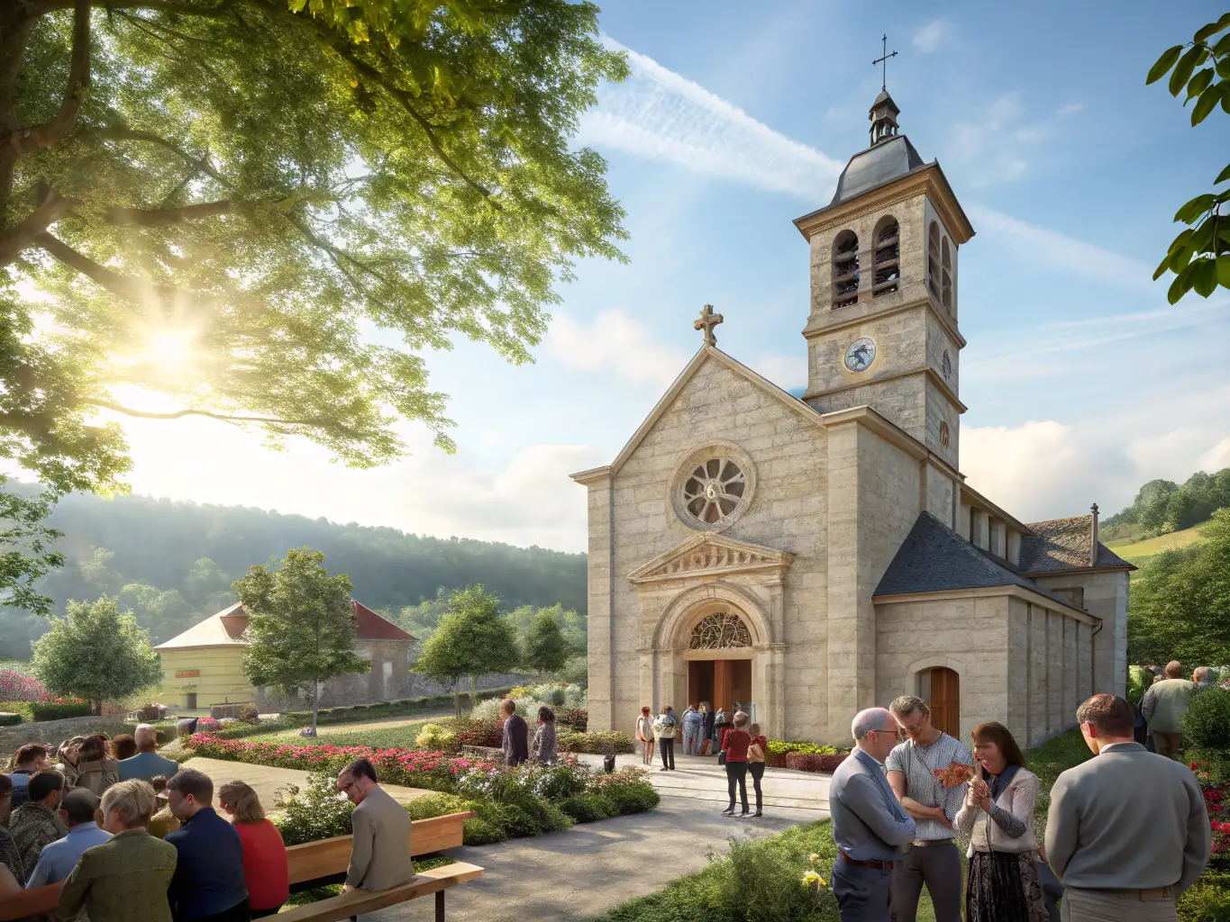 A digital illustration depicting the Saint-Hilaire Church as a vibrant hub for cultural events and educational programs, emphasizing its role in promoting heritage awareness.