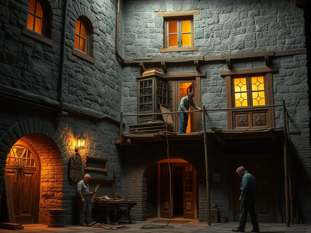 A detailed image of restoration work on the church's facade, showing craftsmen at work with historical tools and materials.